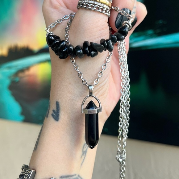 Set ! Black obsidian bullet necklace + mayching dangly earrings goth boho celtic - Picture 5 of 14